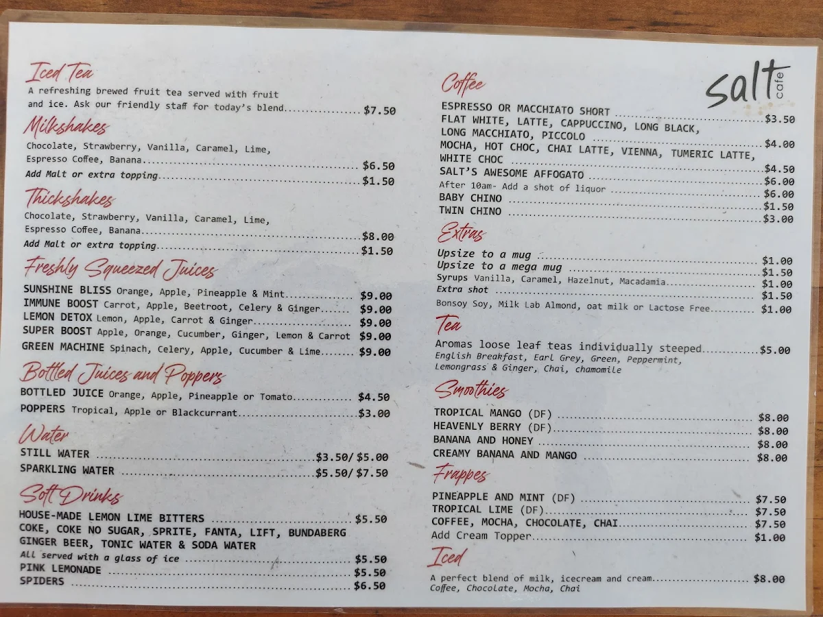 Menu, Salt Cafe Urangan