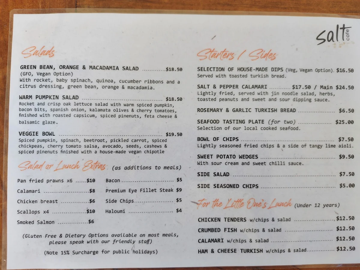 Menu, Salt Cafe Urangan