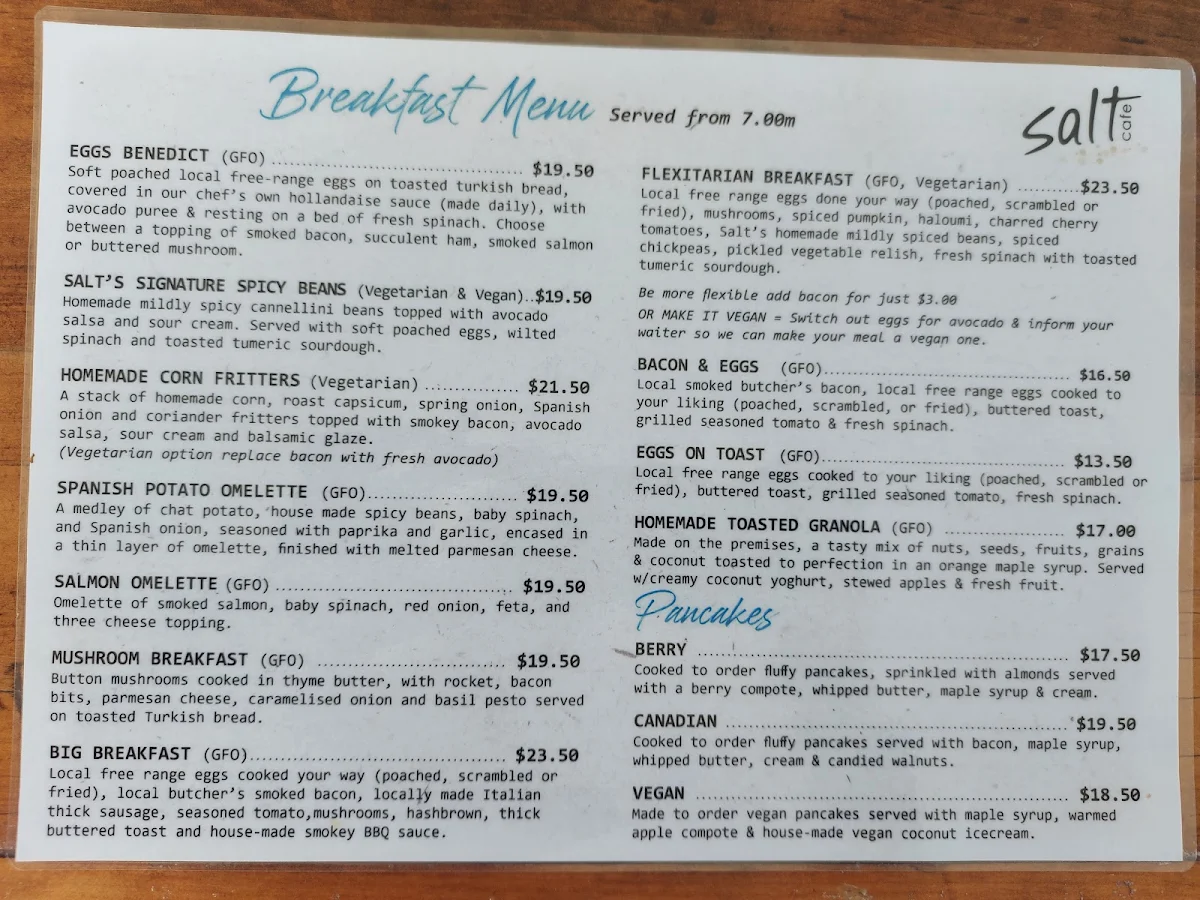 Menu, Salt Cafe Urangan