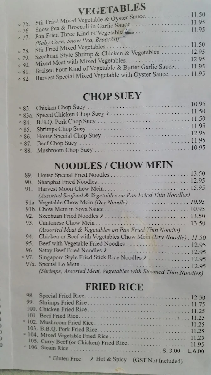 Menu, Harvest Heights Restaurant