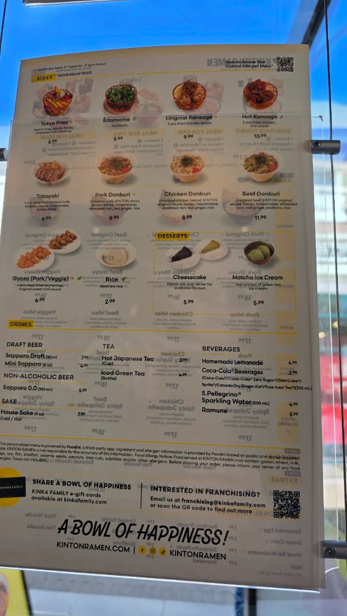 Menu, KINTON RAMEN MCARTHURGLEN DESIGNER OUTLET YVR