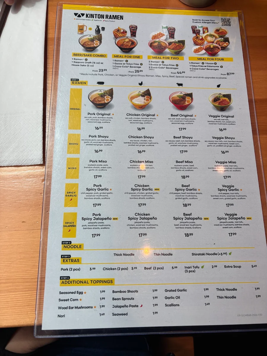 Menu, KINTON RAMEN MCARTHURGLEN DESIGNER OUTLET YVR