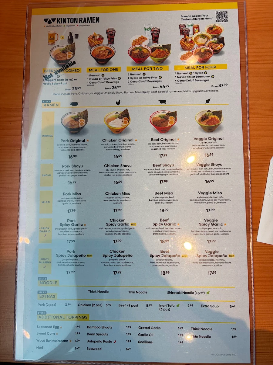 Menu, KINTON RAMEN MCARTHURGLEN DESIGNER OUTLET YVR