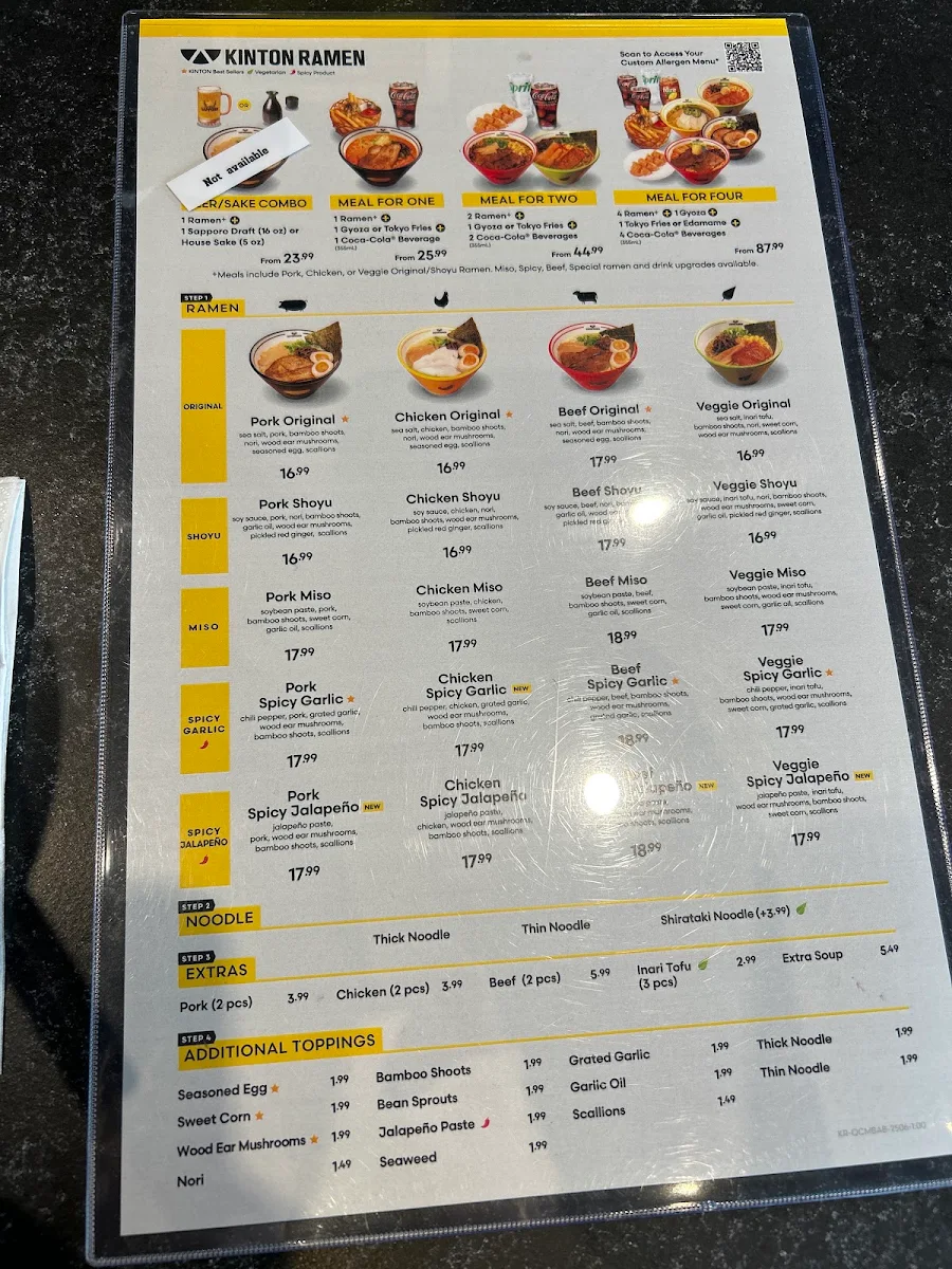 Menu, KINTON RAMEN MCARTHURGLEN DESIGNER OUTLET YVR