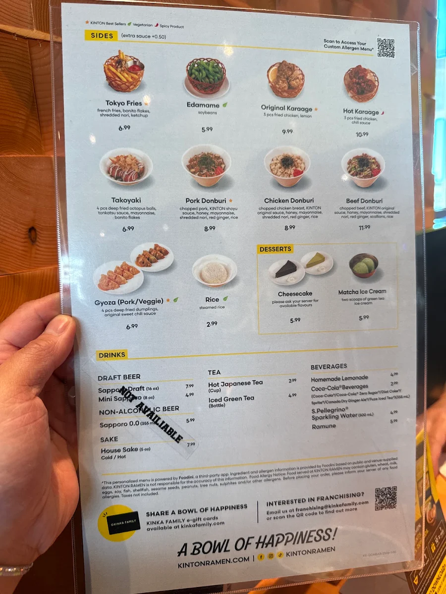 Menu, KINTON RAMEN MCARTHURGLEN DESIGNER OUTLET YVR
