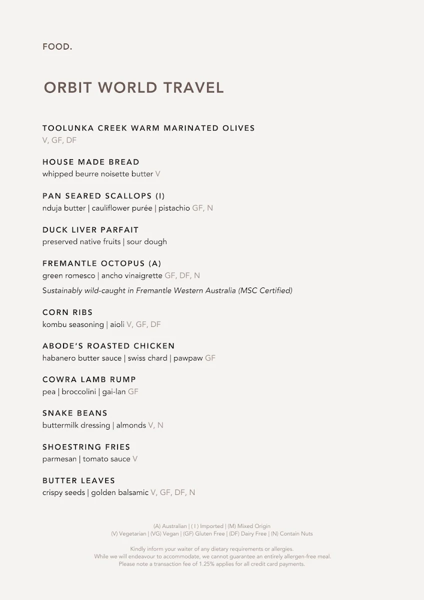 Menu, ABODE Bistro. Bar