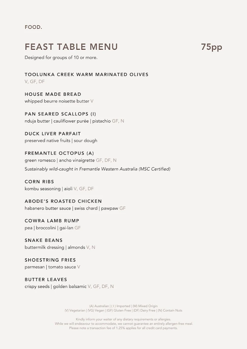 Menu, ABODE Bistro. Bar