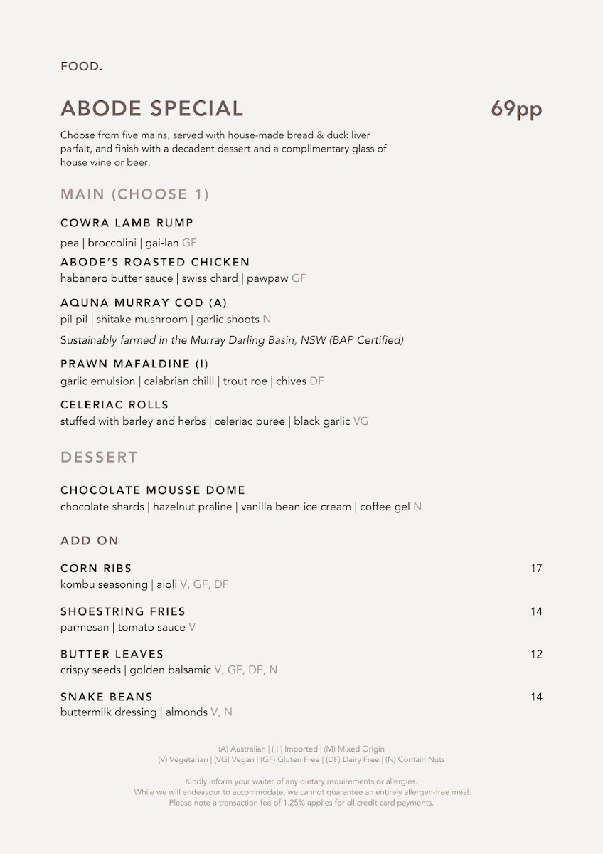 Menu, ABODE Bistro. Bar