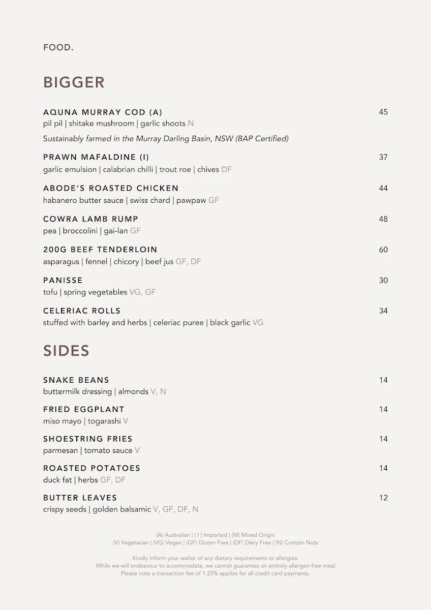 Menu, ABODE Bistro. Bar