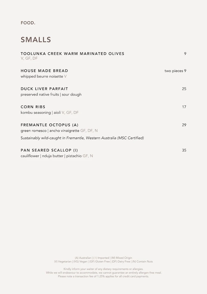 Menu, ABODE Bistro. Bar