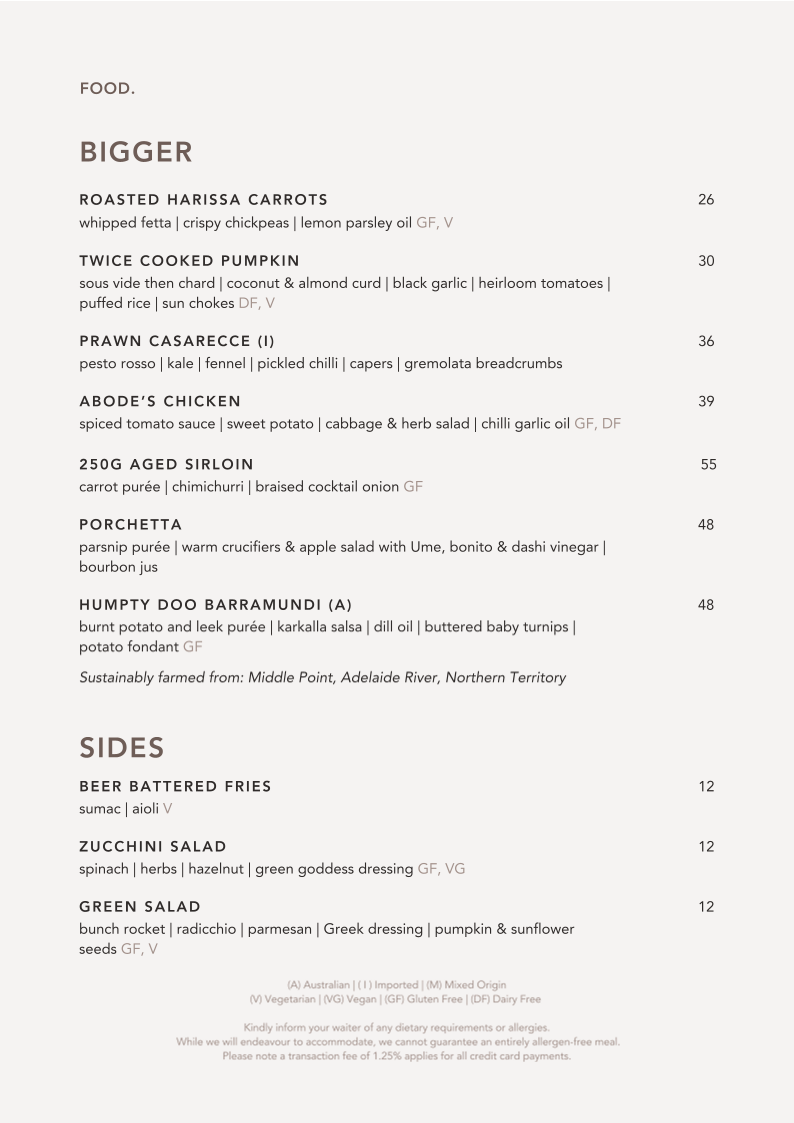 Menu, ABODE Bistro. Bar