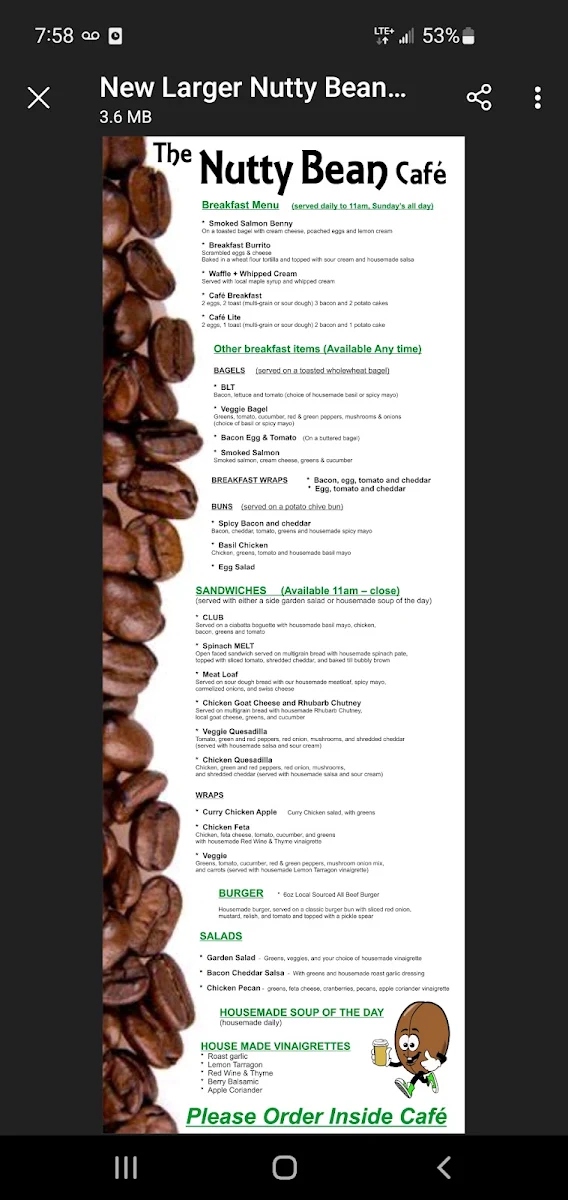 Menu, The Nutty Bean Cafe