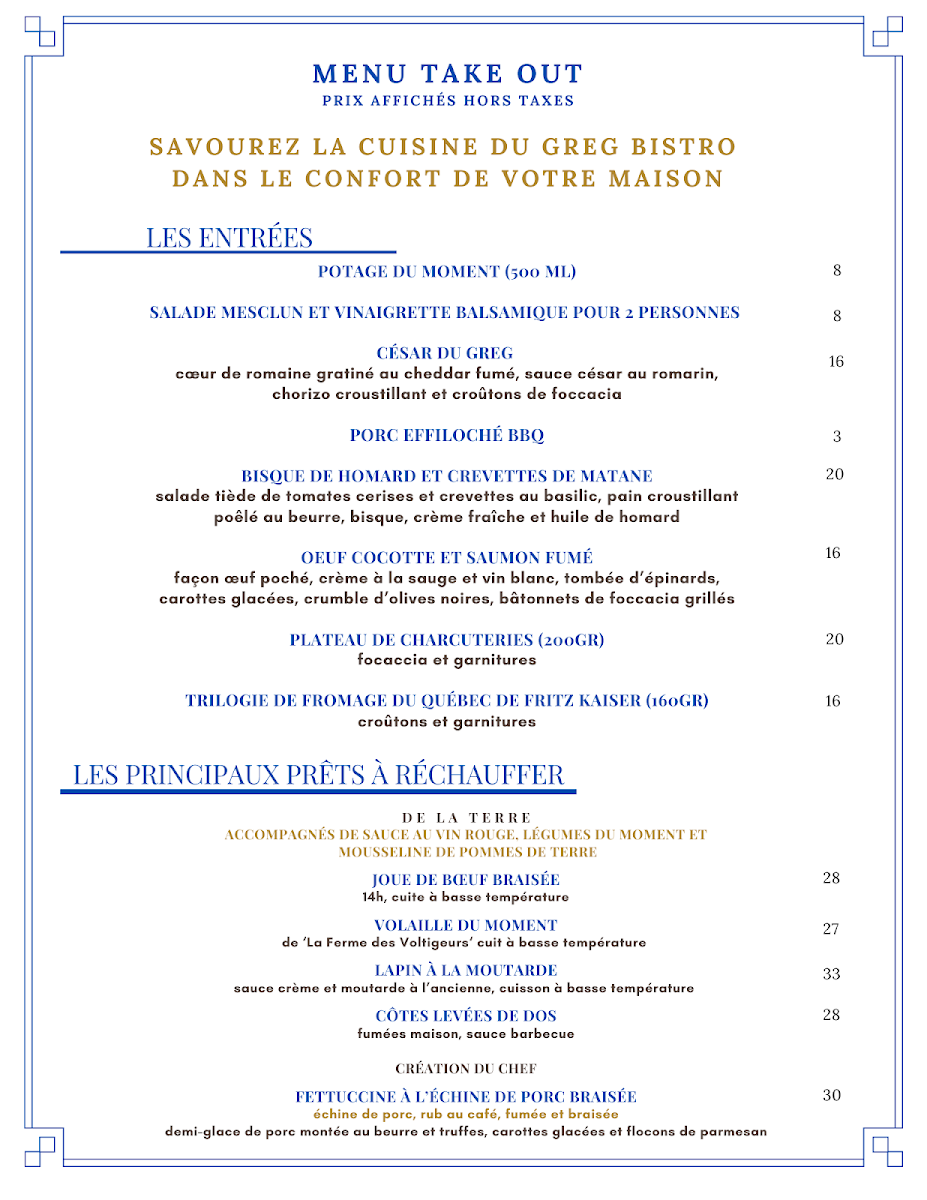 Menu, Le Greg Bistro & Bar