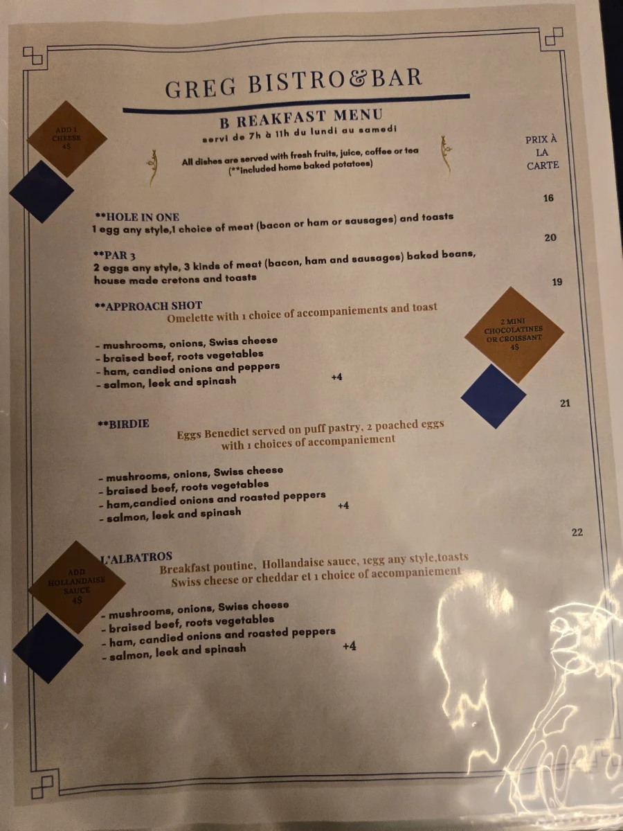 Menu, Le Greg Bistro & Bar