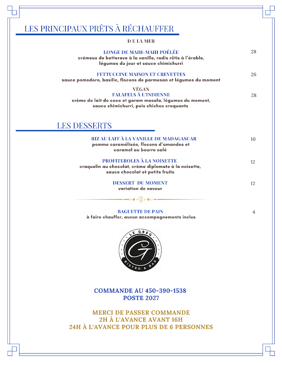 Menu, Le Greg Bistro & Bar