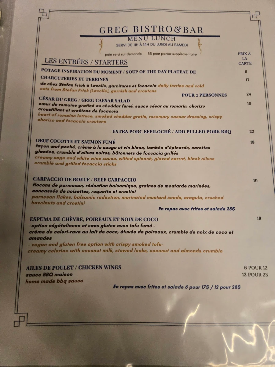 Menu, Le Greg Bistro & Bar