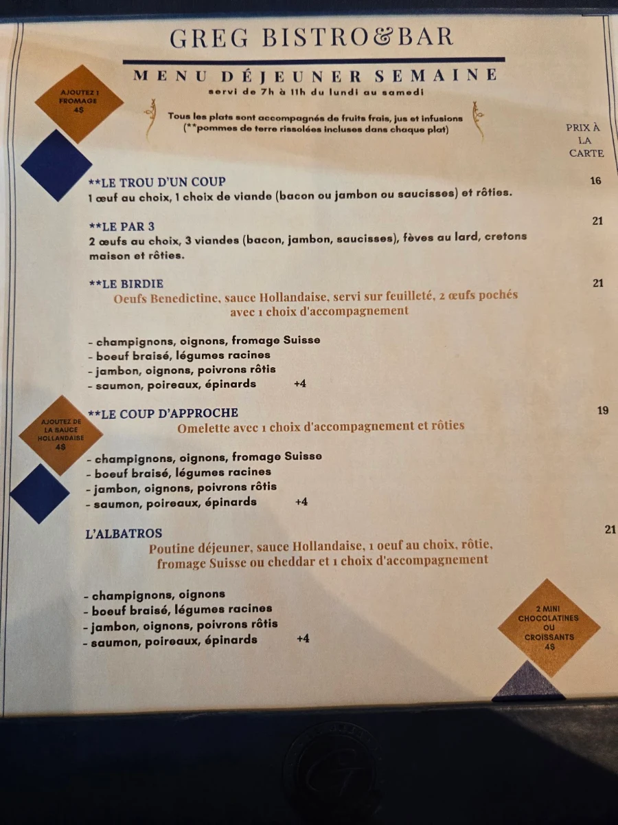 Menu, Le Greg Bistro & Bar