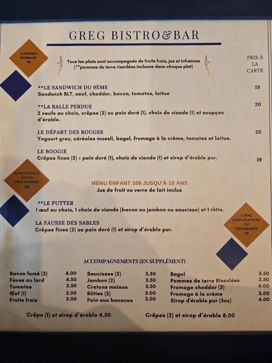 Menu, Le Greg Bistro & Bar