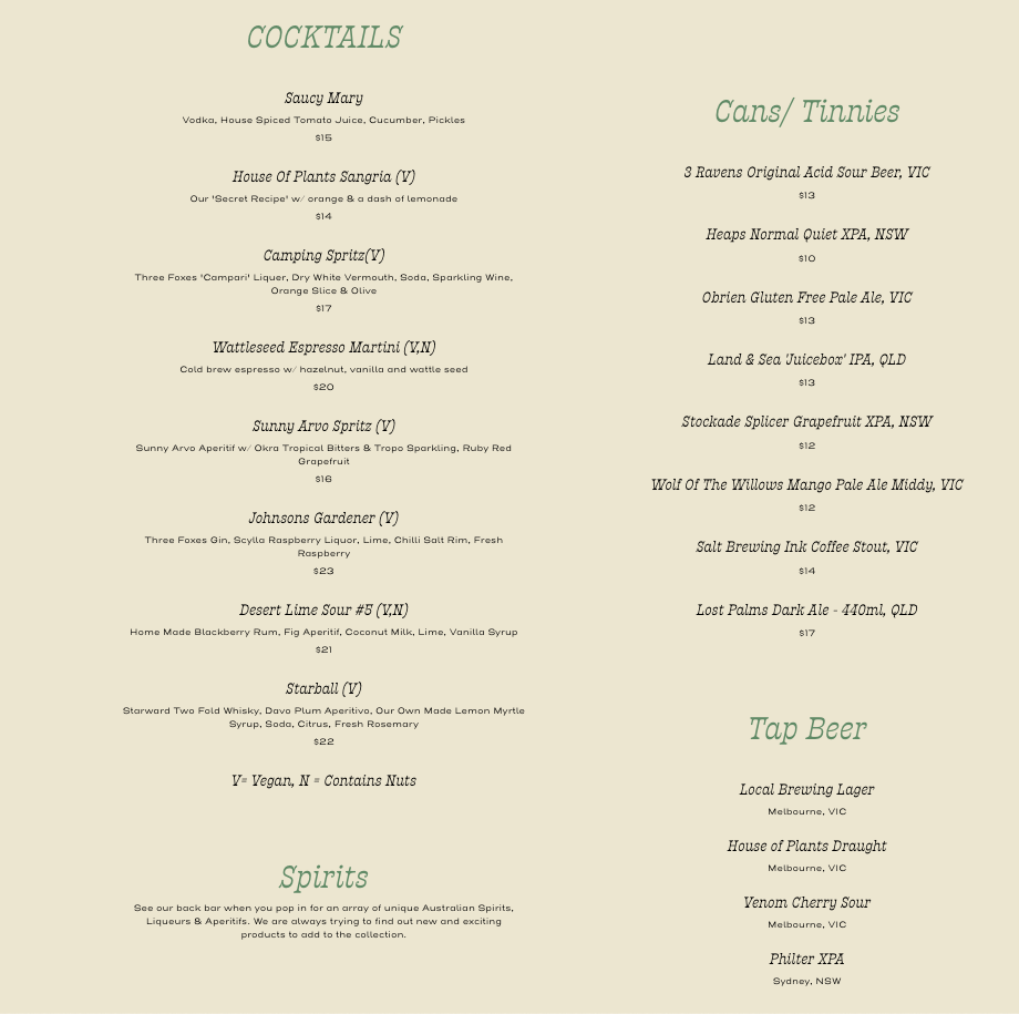 Menu, House of Plants Bar