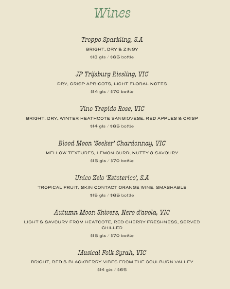 Menu, House of Plants Bar
