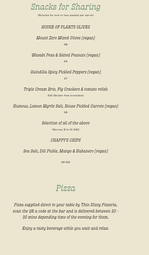 Menu, House of Plants Bar