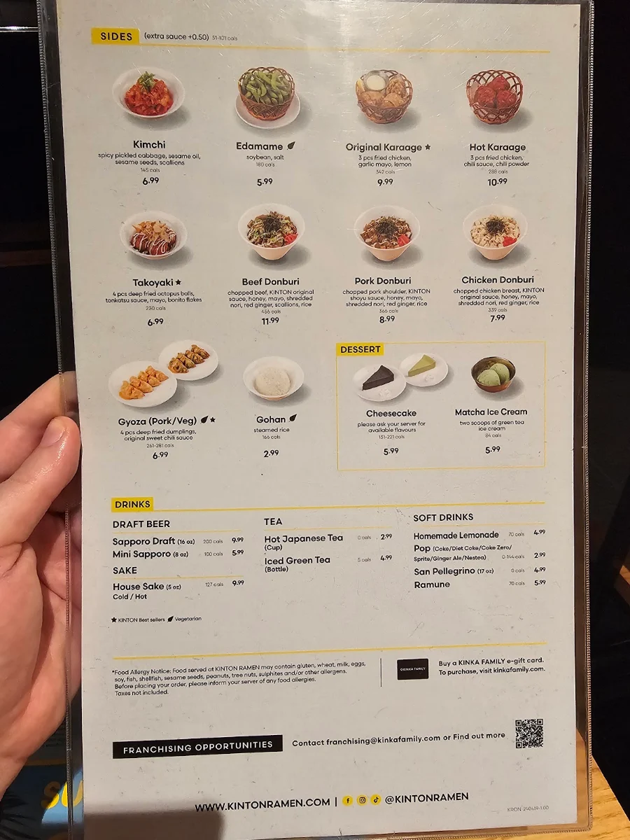 Menu, KINTON RAMEN OTTAWA