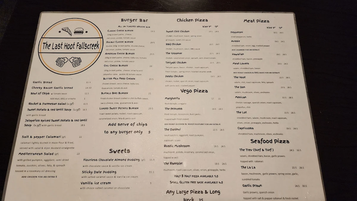 Menu, The Last Hoot - Cafe, Bar & Pizzeria