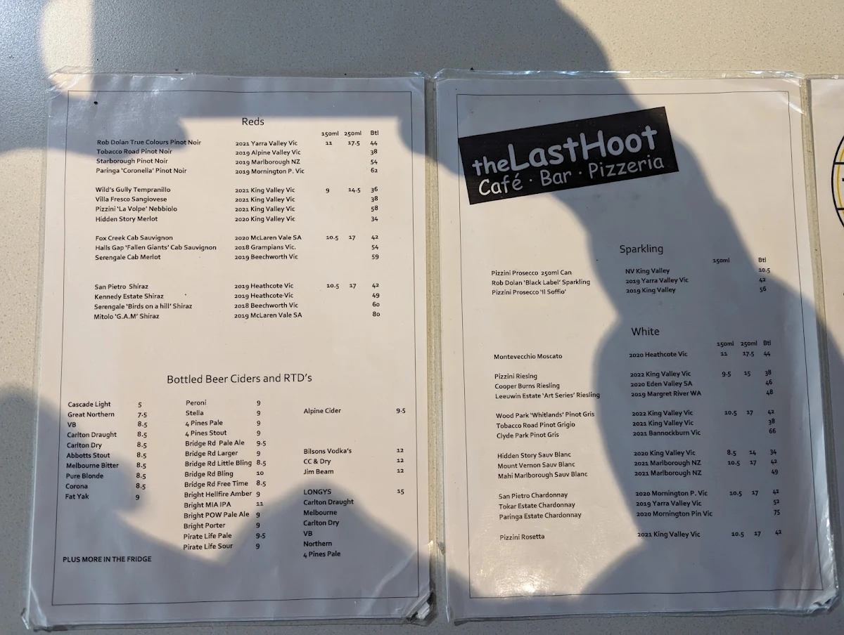 Menu, The Last Hoot - Cafe, Bar & Pizzeria