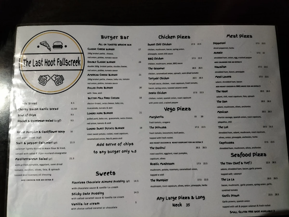 Menu, The Last Hoot - Cafe, Bar & Pizzeria