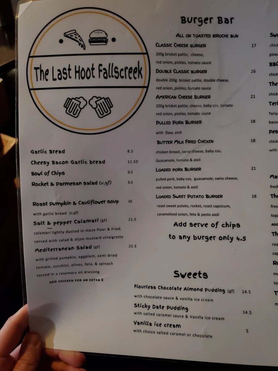 Menu, The Last Hoot - Cafe, Bar & Pizzeria