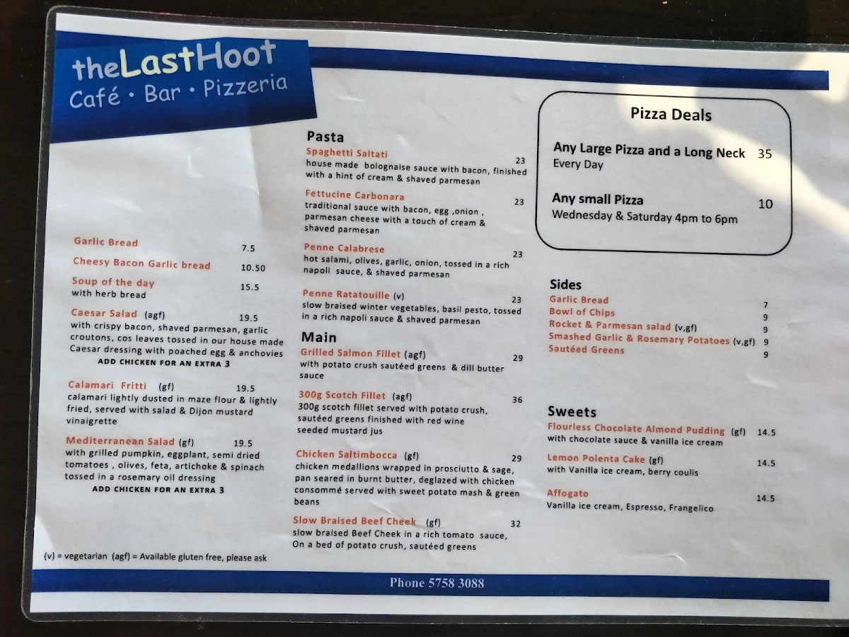 Menu, The Last Hoot - Cafe, Bar & Pizzeria