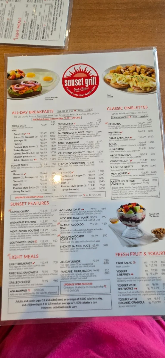 Menu, Sunset Grill