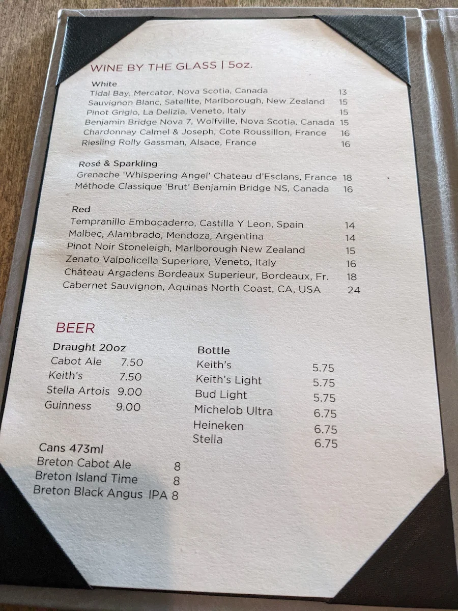 Menu, Cabot bar