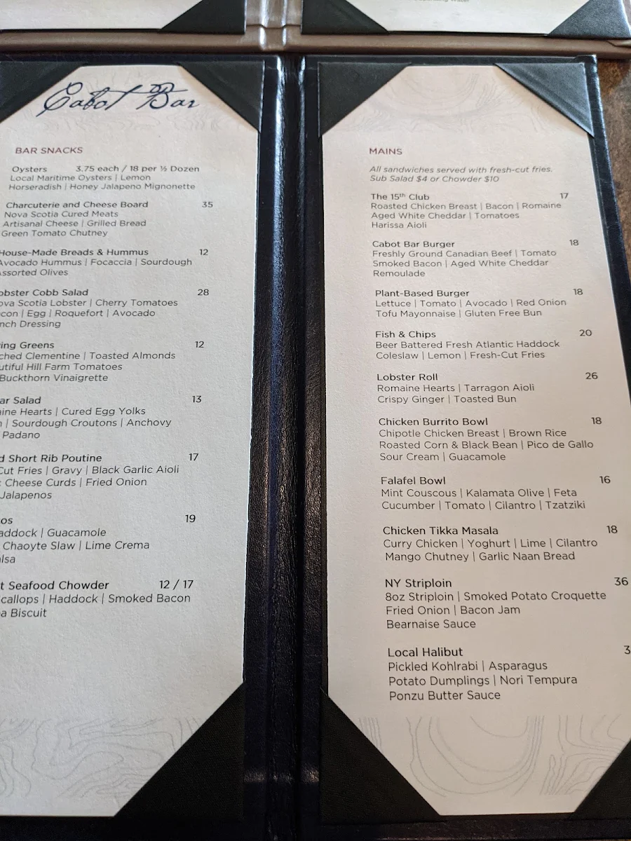 Menu, Cabot bar