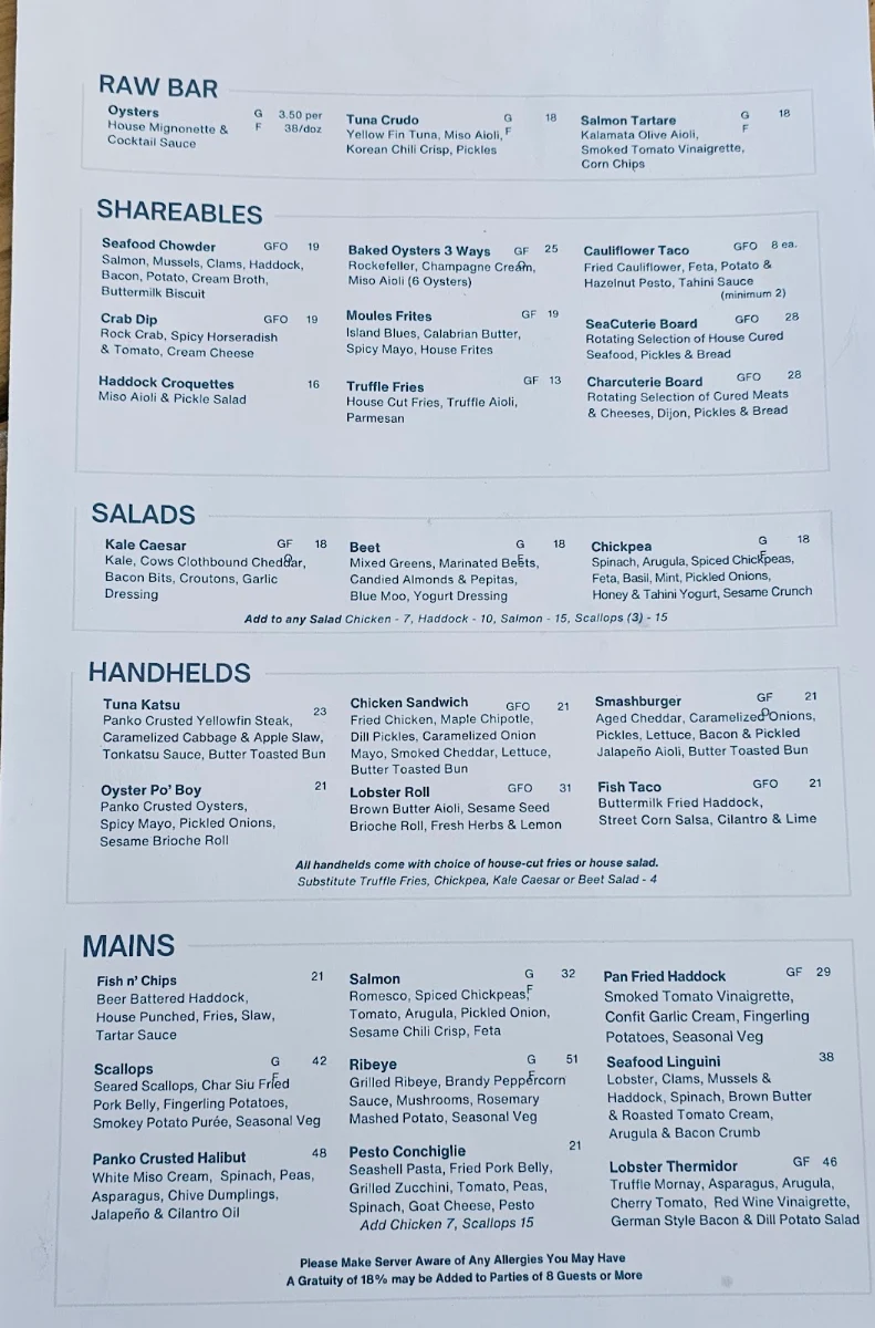 Menu, Sea Rocket Oyster House
