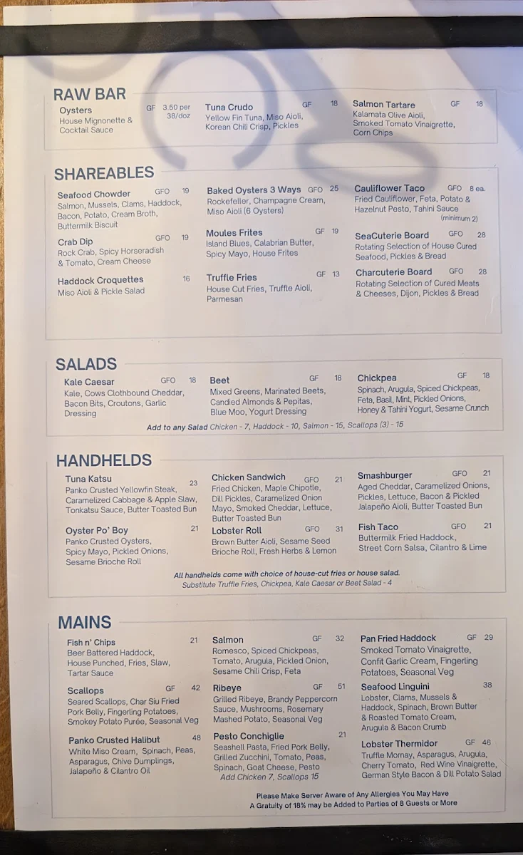 Menu, Sea Rocket Oyster House