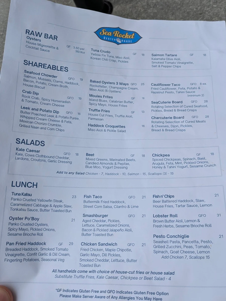 Menu, Sea Rocket Oyster House