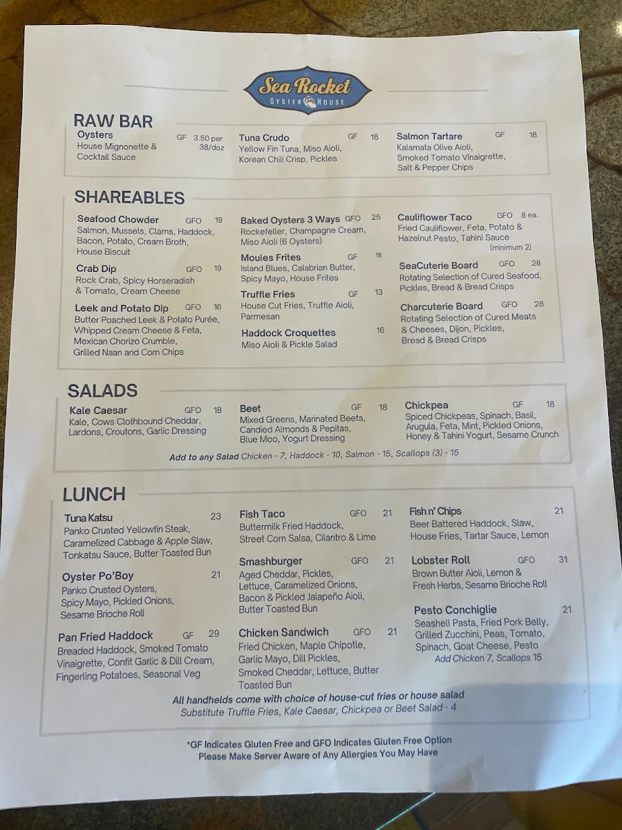 Menu, Sea Rocket Oyster House