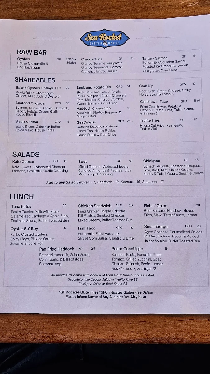 Menu, Sea Rocket Oyster House