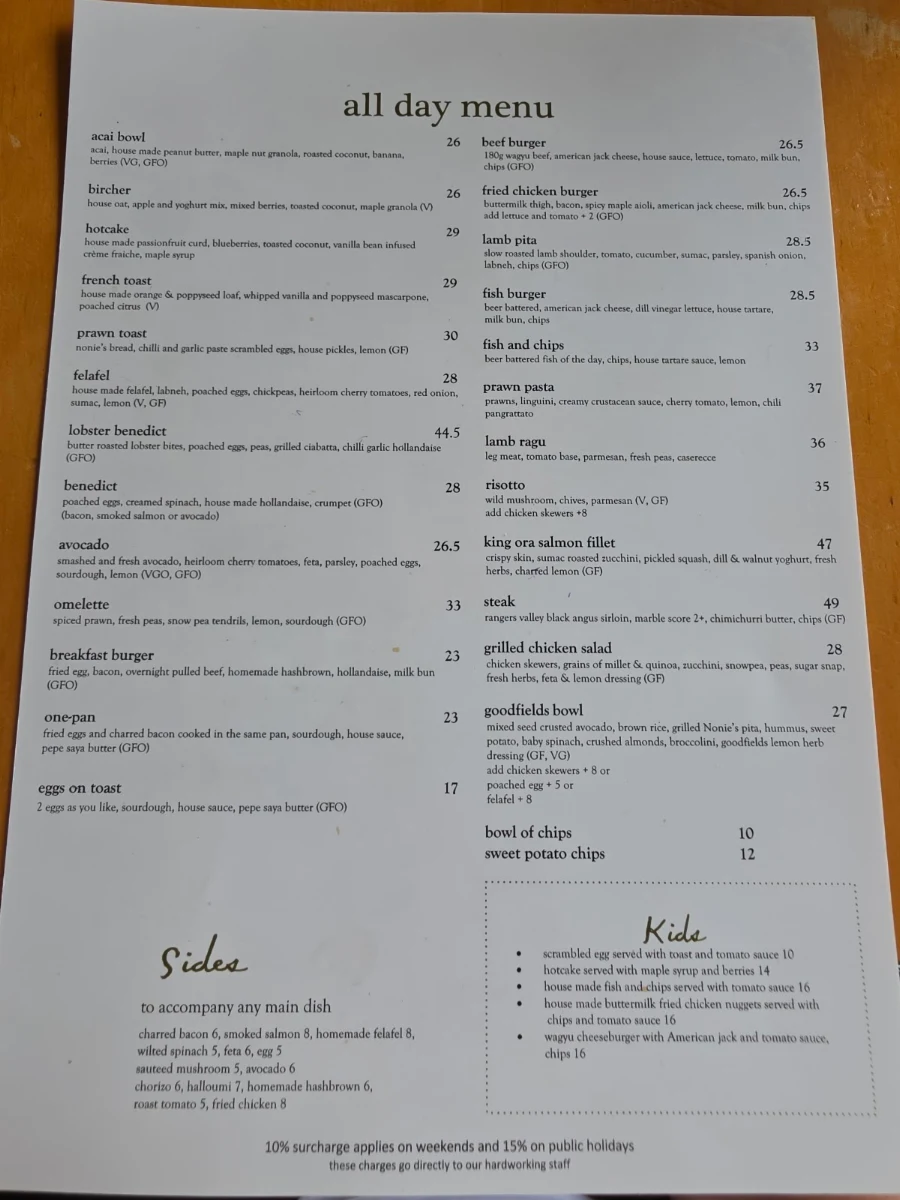 Menu, Goodfields Eatery
