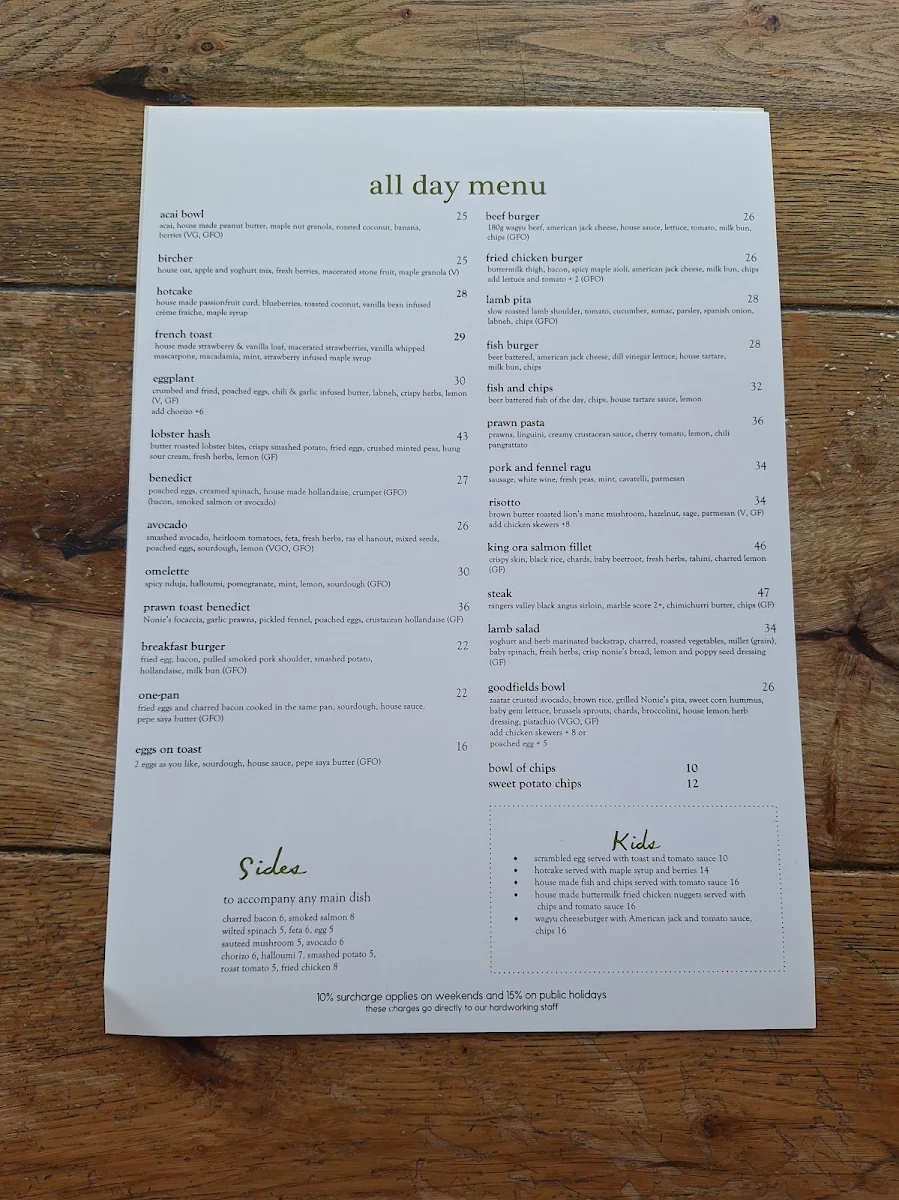 Menu, Goodfields Eatery