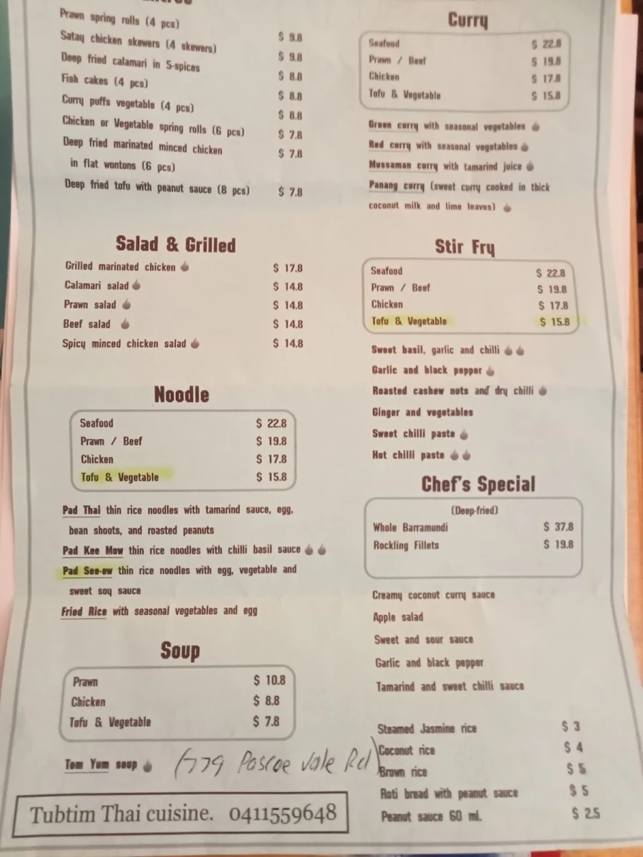 Menu, TubTim Thai Cuisine