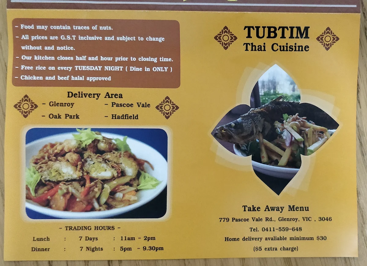 Menu, TubTim Thai Cuisine