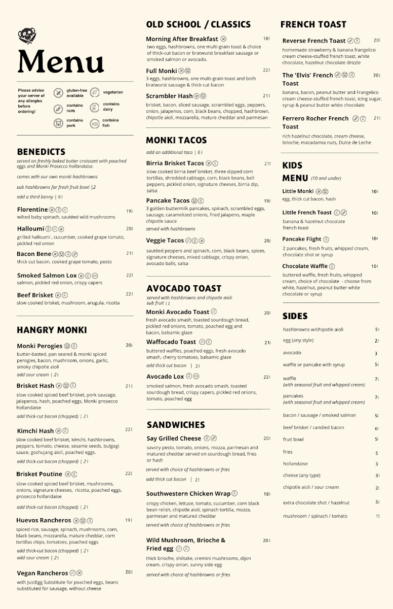 Menu, Monki Breakfast Club & Bistro Greenwich