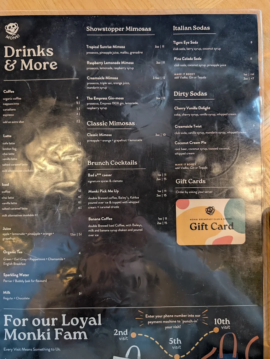 Menu, Monki Breakfast Club & Bistro Greenwich