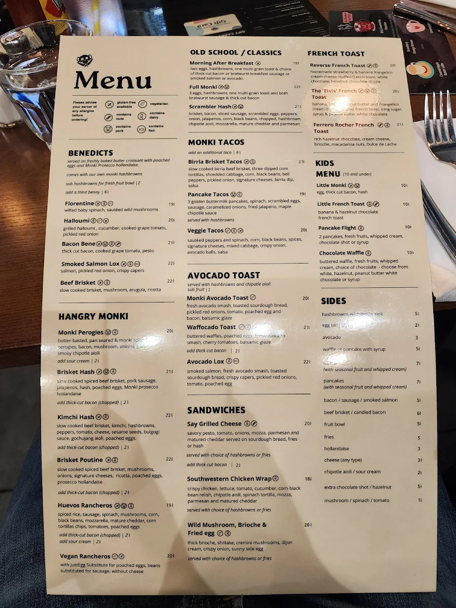 Menu, Monki Breakfast Club & Bistro Greenwich