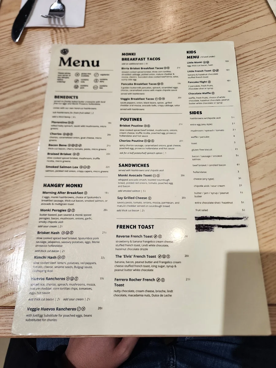 Menu, Monki Breakfast Club & Bistro Greenwich