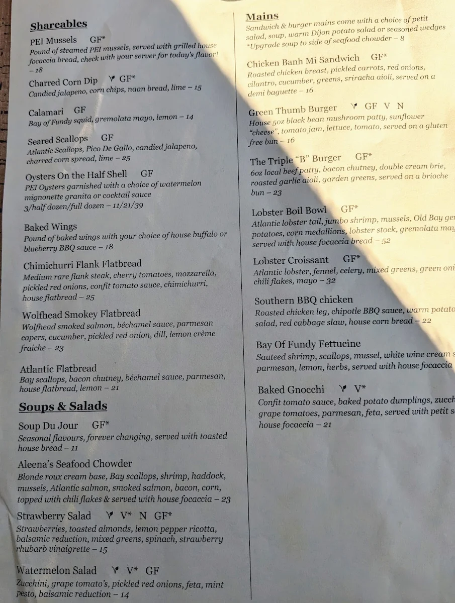 Menu, Seasons By the Sea Bistro