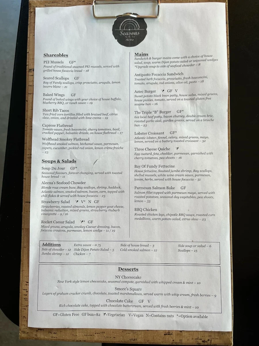 Menu, Seasons By the Sea Bistro