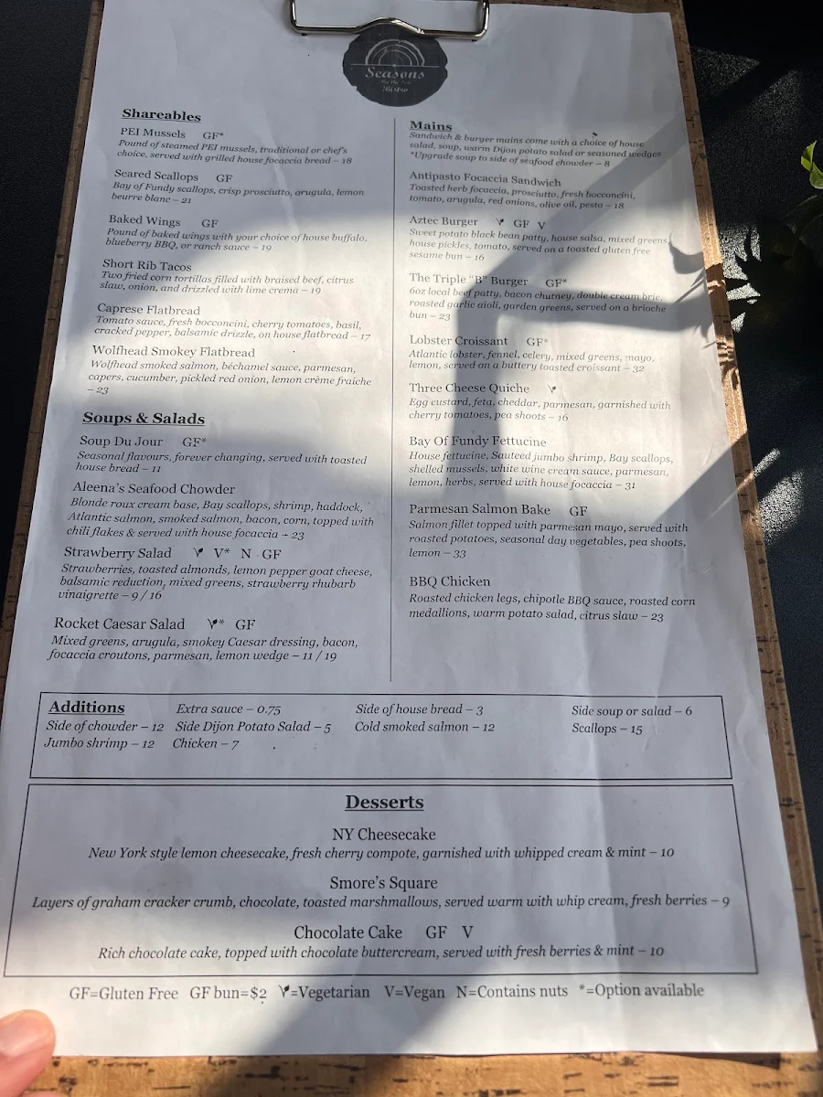 Menu, Seasons By the Sea Bistro